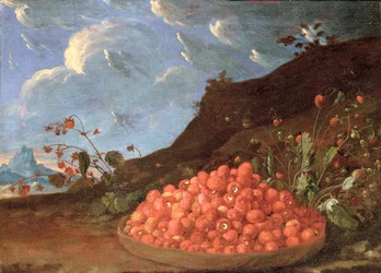 Stillleben mit einem Korb wilder Erdbeeren